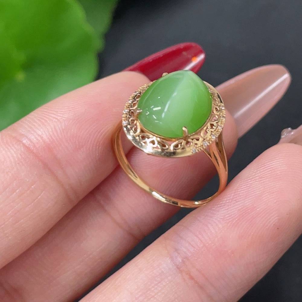 Hetian jade inlaid ring with 18k gold, non-diamond, size 13, from HUILIU HQ, featuring a smooth jade stone setting.