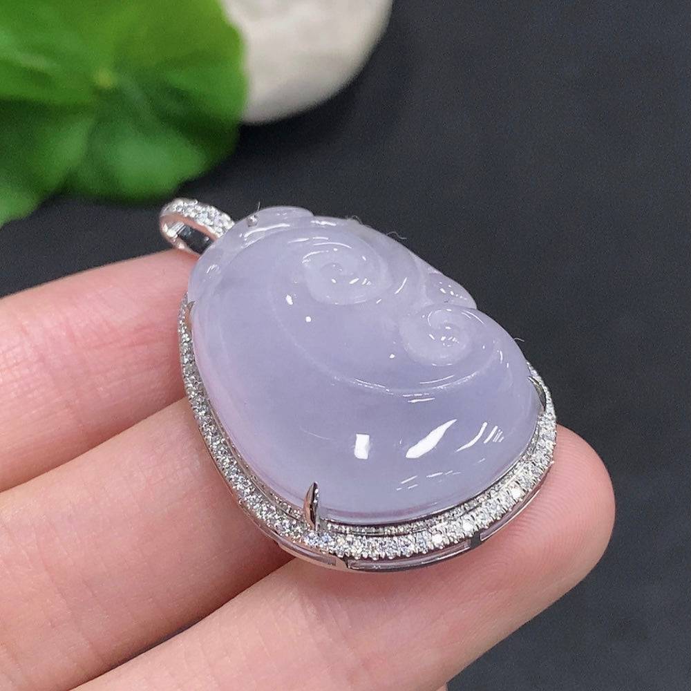 Huiliu Jadeite Ruyi pendant with smooth green jade, non-diamond, certified by Huiliu, showcasing intricate carving and polished finish.