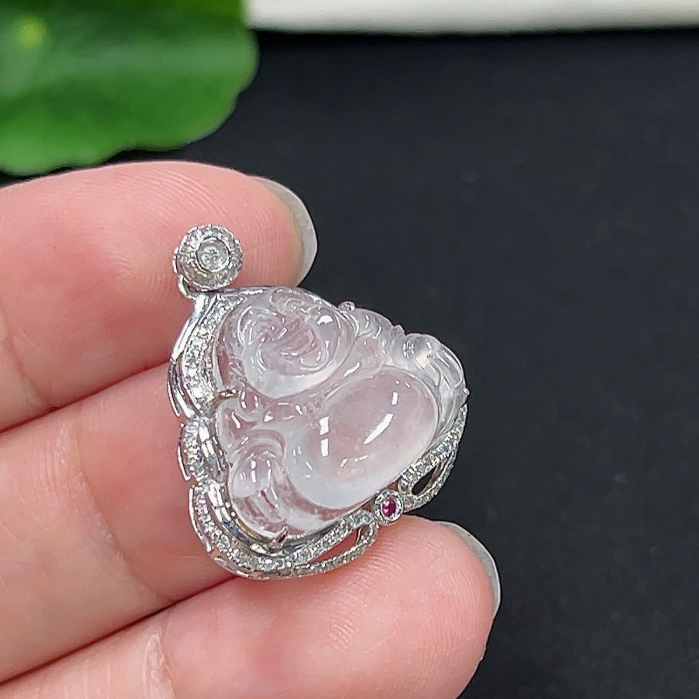 Jadeite Buddha Pendant Set in 18K Gold with Diamond Accents, Total Weight Approx. 3.3g