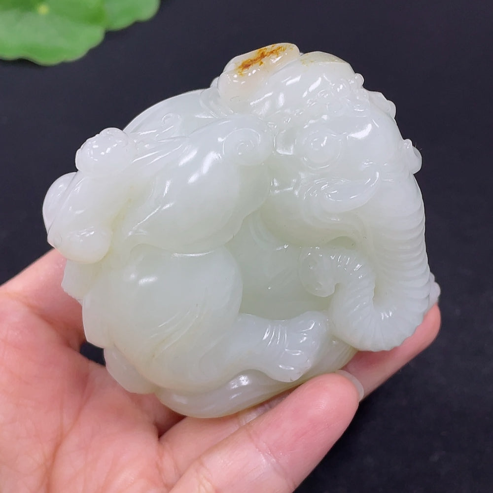 HKHQ Hetian Jade handheld carving featuring characters symbolizing attaining high rank and position, detailed jade craftsmanship.