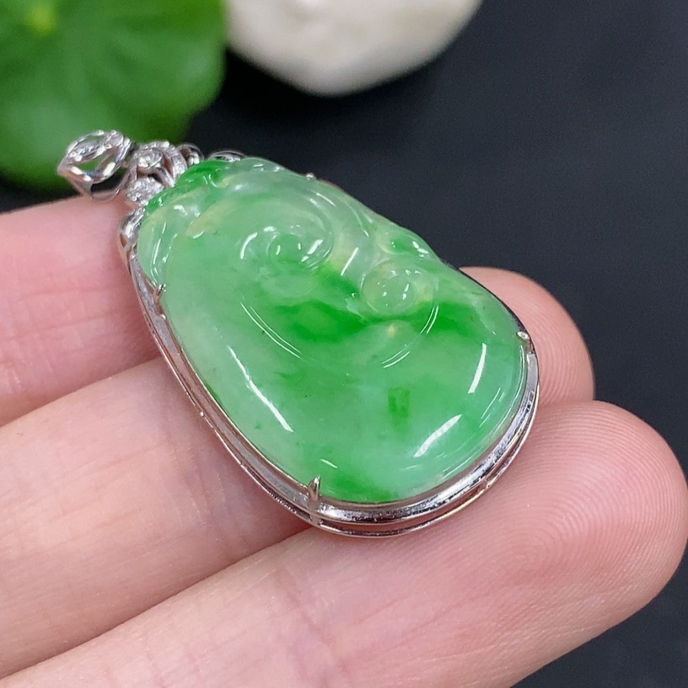 Jadeite Ruyi pendant with 18K gold and diamond accents, crafted by HKHQ, featuring a smooth jade surface and intricate design.