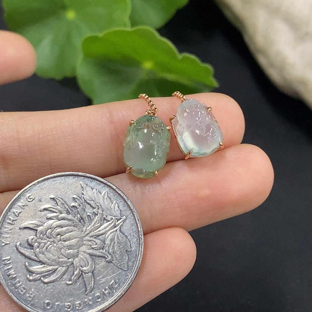 Pair of HUILIU HQ jadeite inlaid earrings with earplug weight, featuring intricate jade detailing and certified craftsmanship.