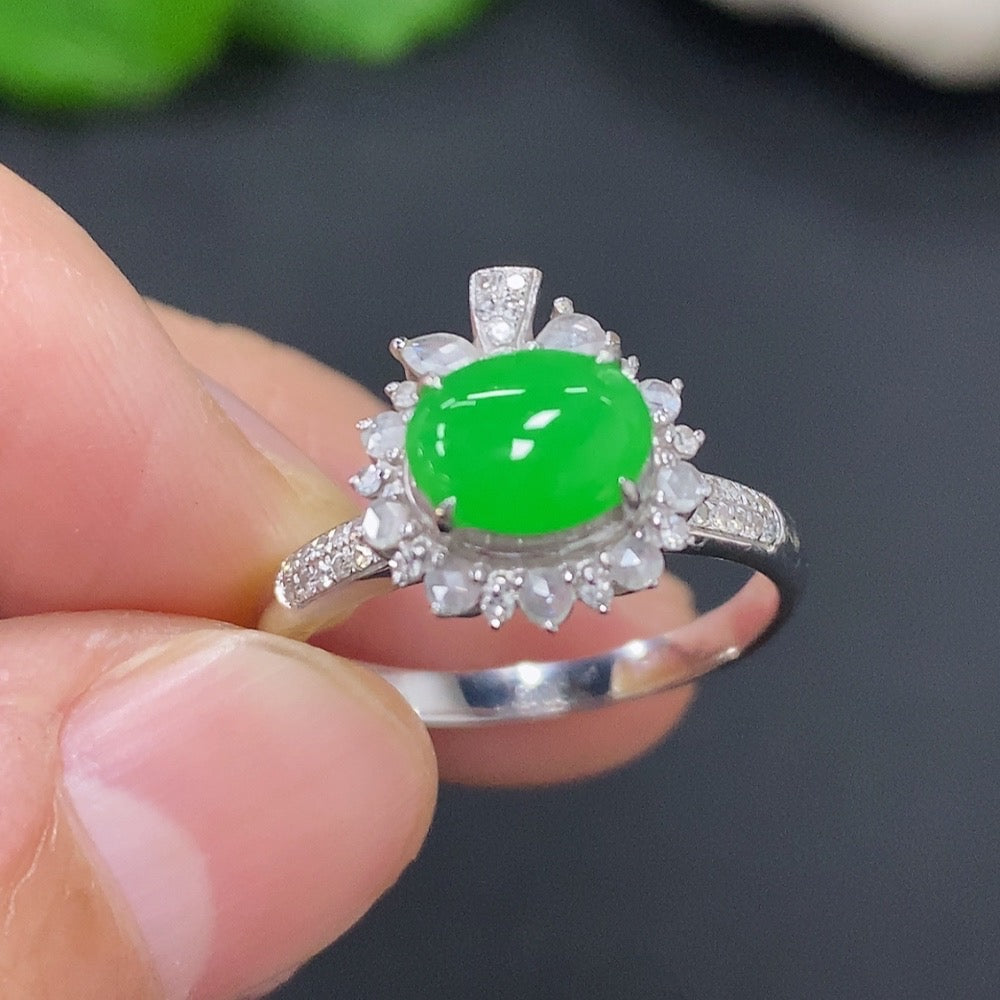 Huiliu certified jadeite inlaid ring with diamond, featuring intricate jade design and sparkling diamond accents.