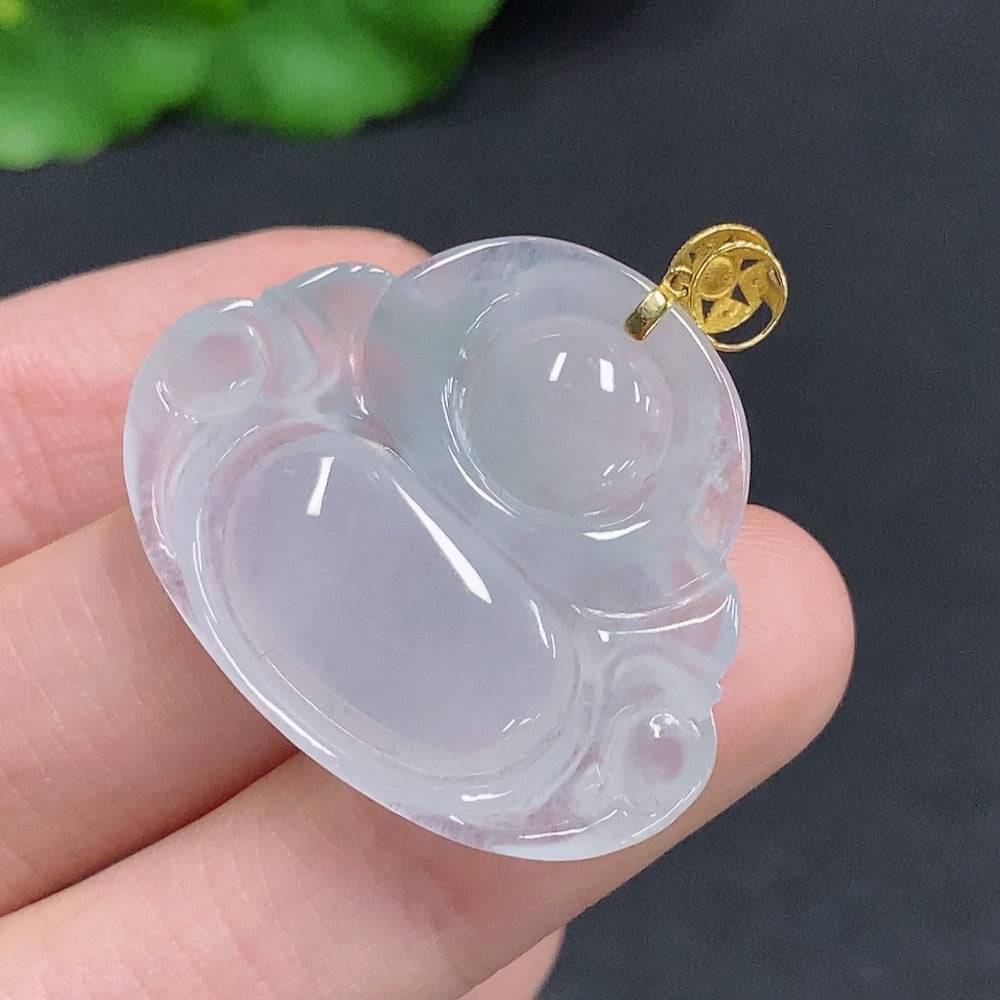 Jadeite Buddha pendant with 18k gold clasp, smooth green jade, weighs about 6g, from HUILIU HQ.