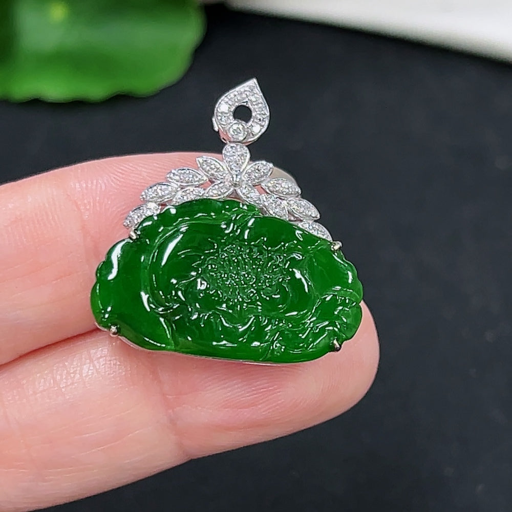 Jadeite pendant with 18K gold setting and diamond accents, elegant necklace featuring a polished green jade gemstone.