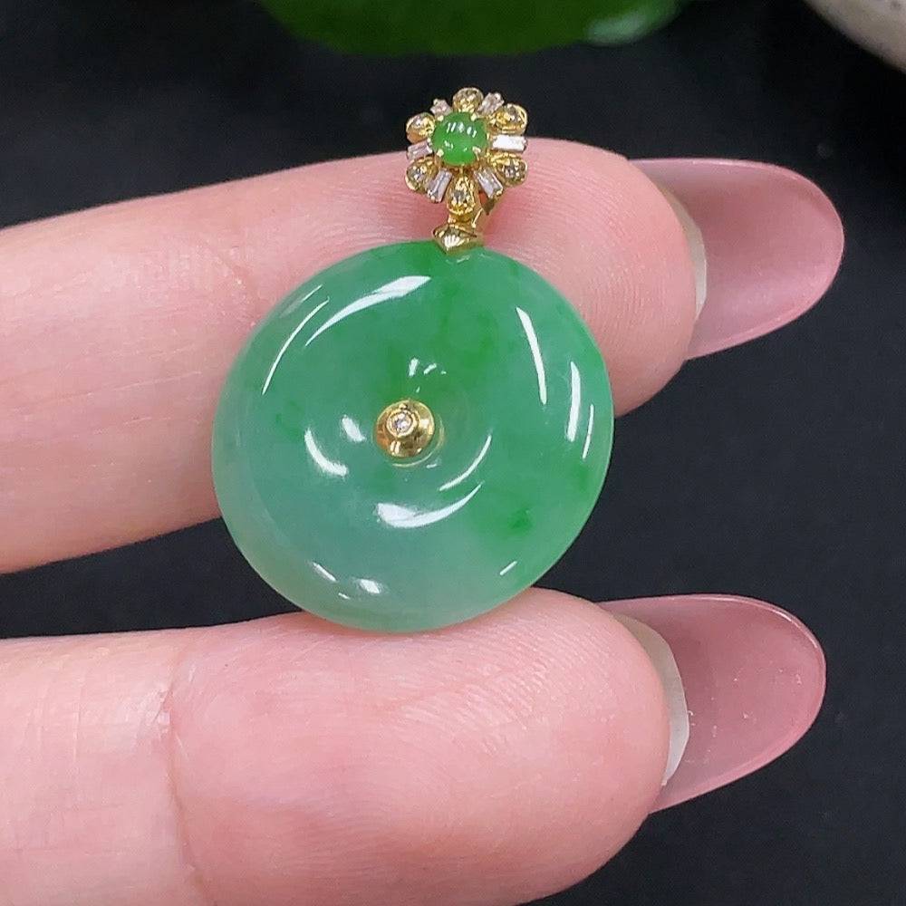 Jadeite safety pendant with 18K gold and diamond accents, crafted by HUILIU HQ, showcasing a smooth jade jadeite gemstone.