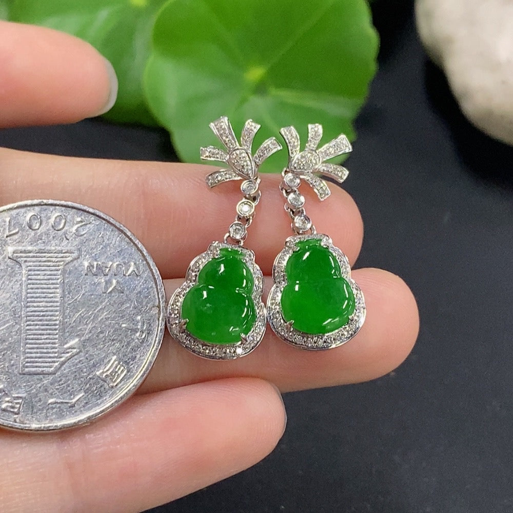 Jadeite Gourd Inlaid Earrings 18k with Diamond Accents