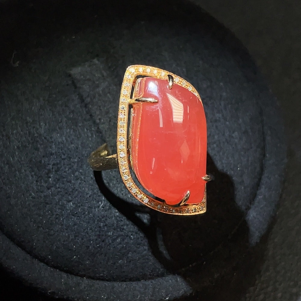 Rhodochrosite Inlaid Ring . with Diamond Accents | Huiliu Certified