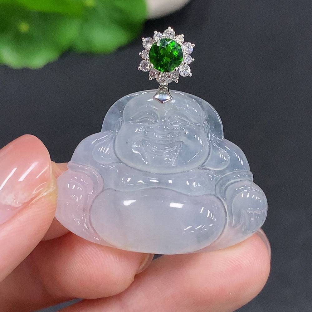 Jadeite Buddha pendant with 18K gold clasp, accented with diamonds, weighing approximately 8.2g, crafted by HUILIU HQ.