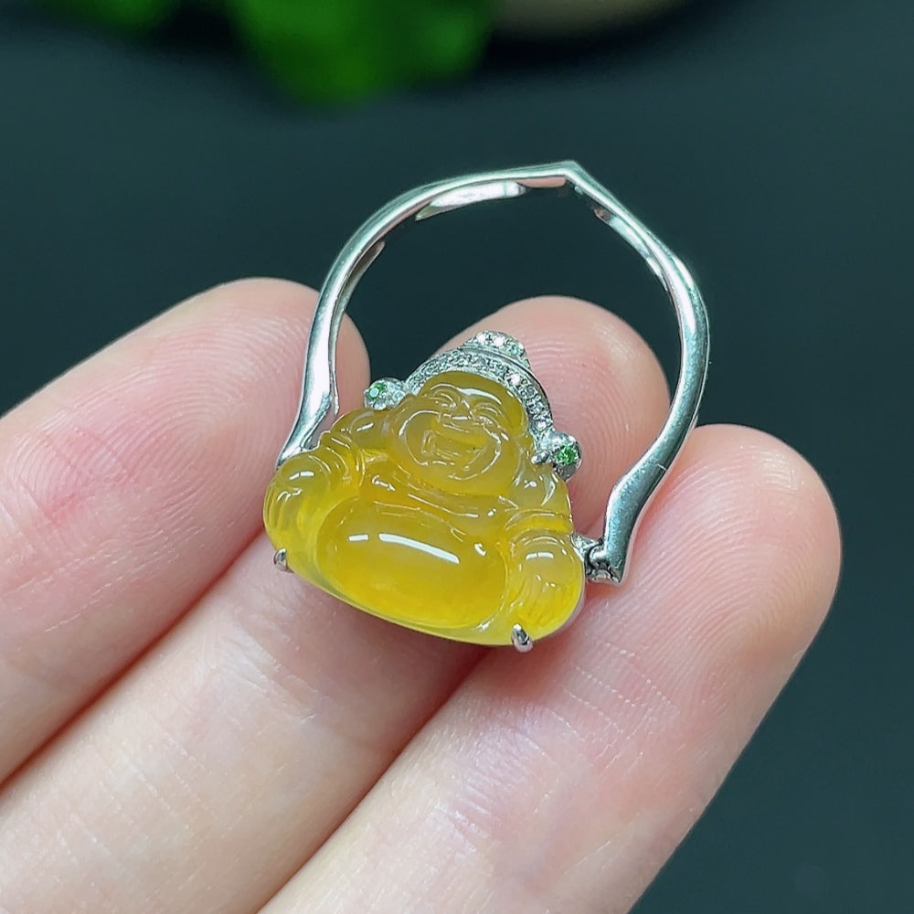 Jadeite Buddha Blessing Inlaid Pendant with 18K Gold and Diamond Accents (Colorless) Color Origin Undetermined
