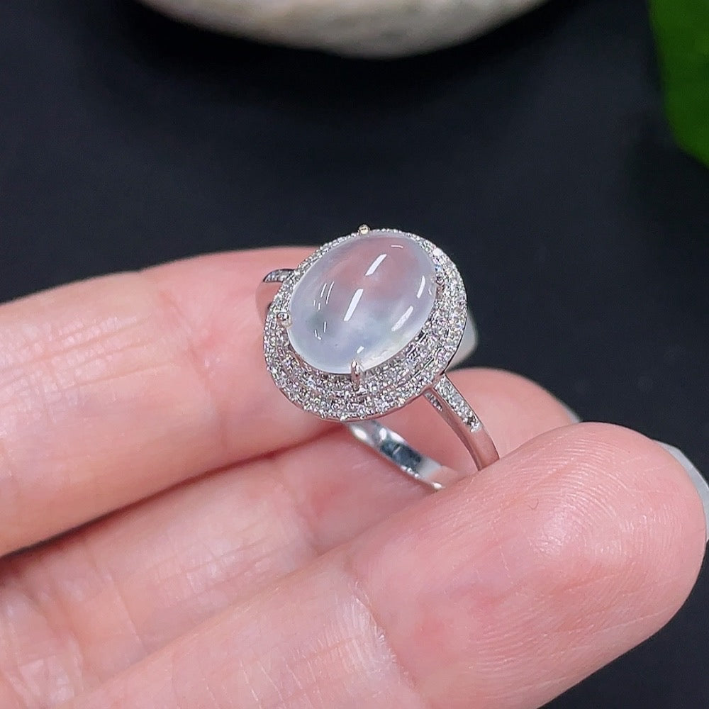 Jadeite Cabochon Ring, No Stamp, Diamond Accents, . | Huiliu Certified
