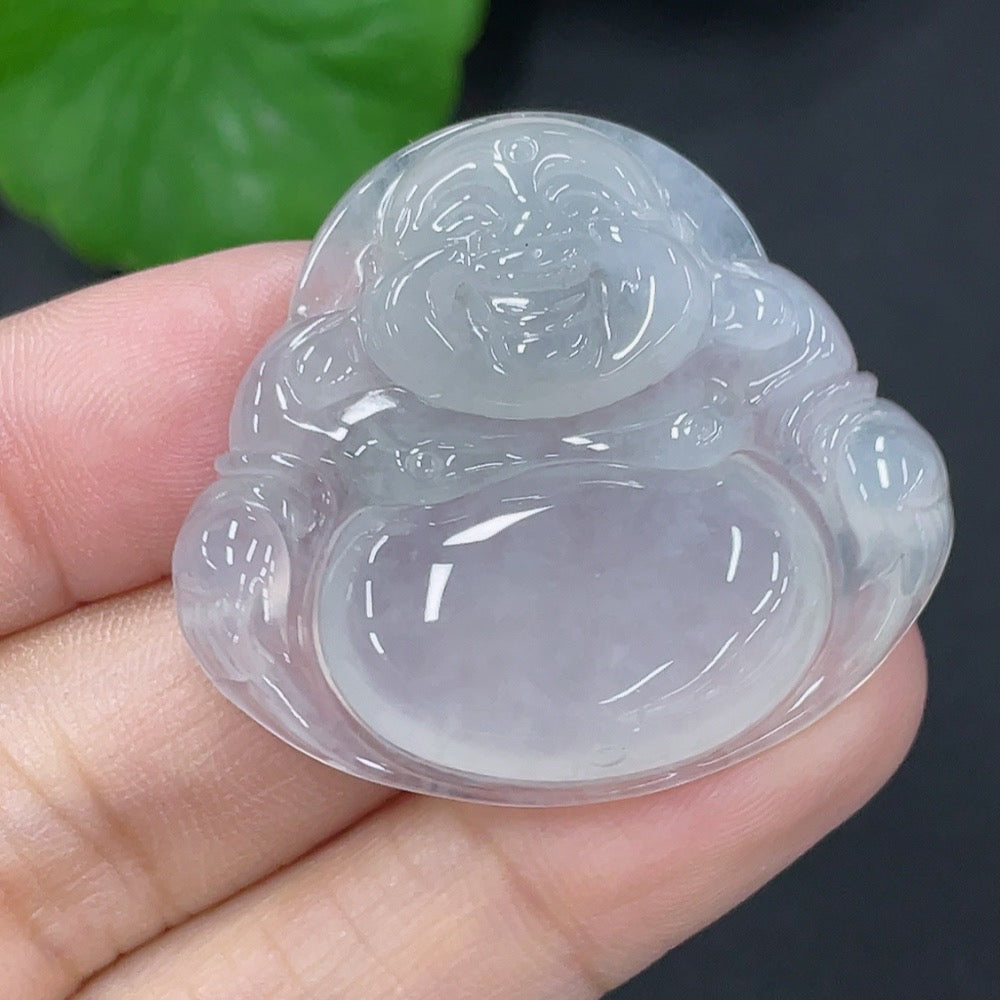 Huiliu Jadeite Buddha pendant, handcrafted green jade jewelry with intricate carved Buddha figure, certified by Huiliu HQ.