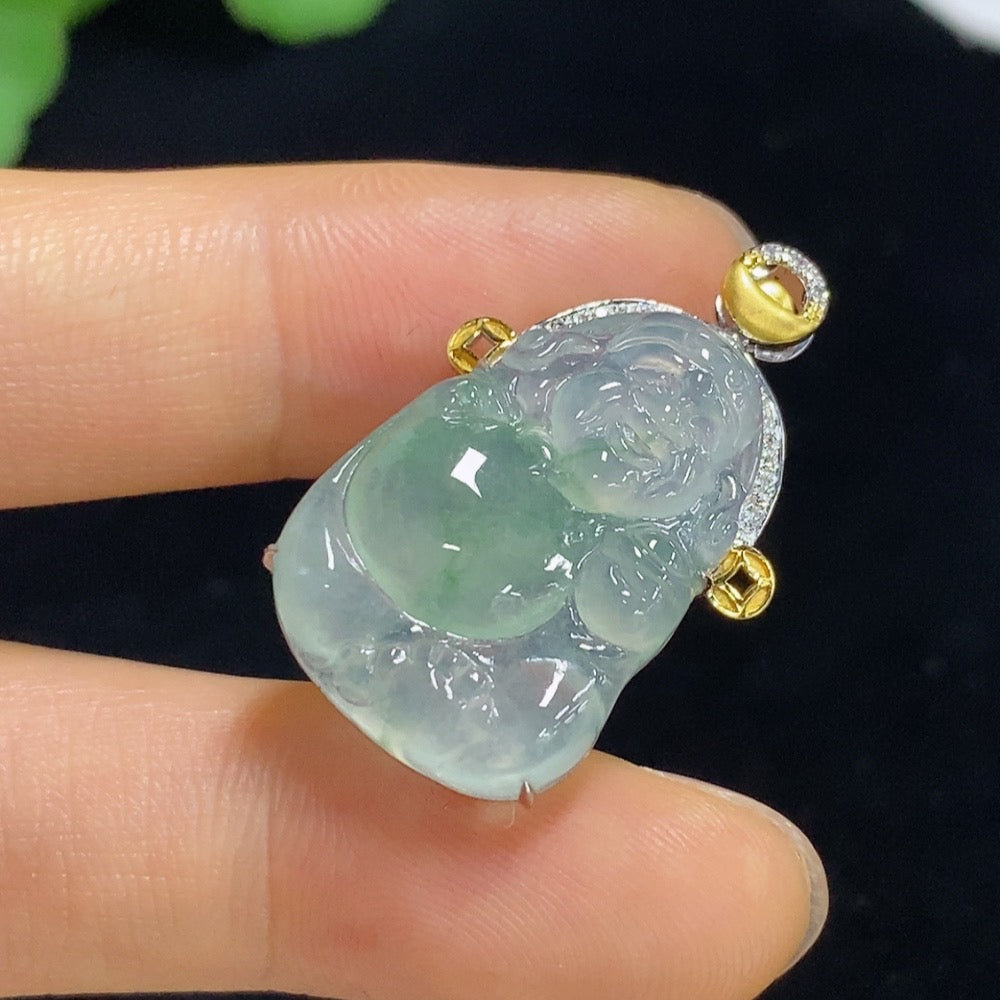 Jadeite Maitreya Inlaid Pendant 18k with Diamond, Total Weight Approx. 4.46g
