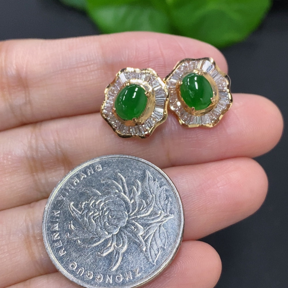 Jadeite Cabochon Stud Earrings 18K Gold (Accented with Diamonds)
