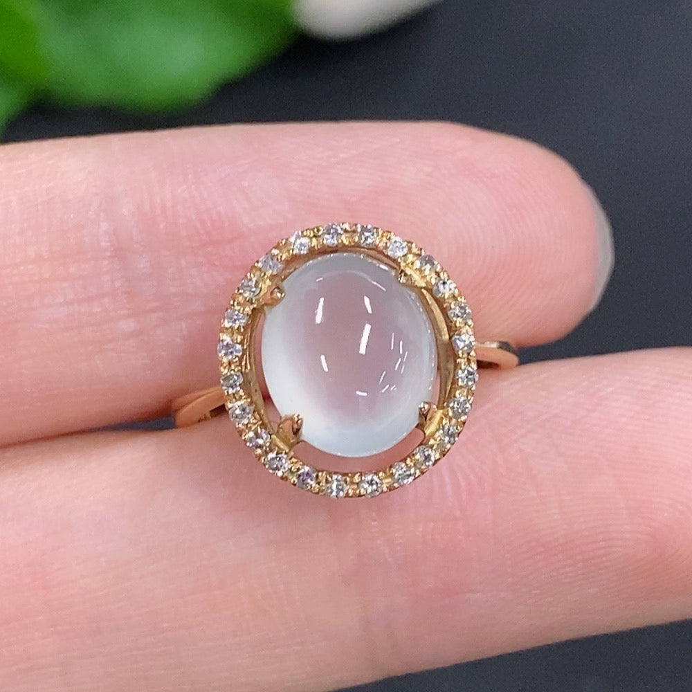 Jadeite Cabochon Ring . with Diamond Accents | Huiliu Certified