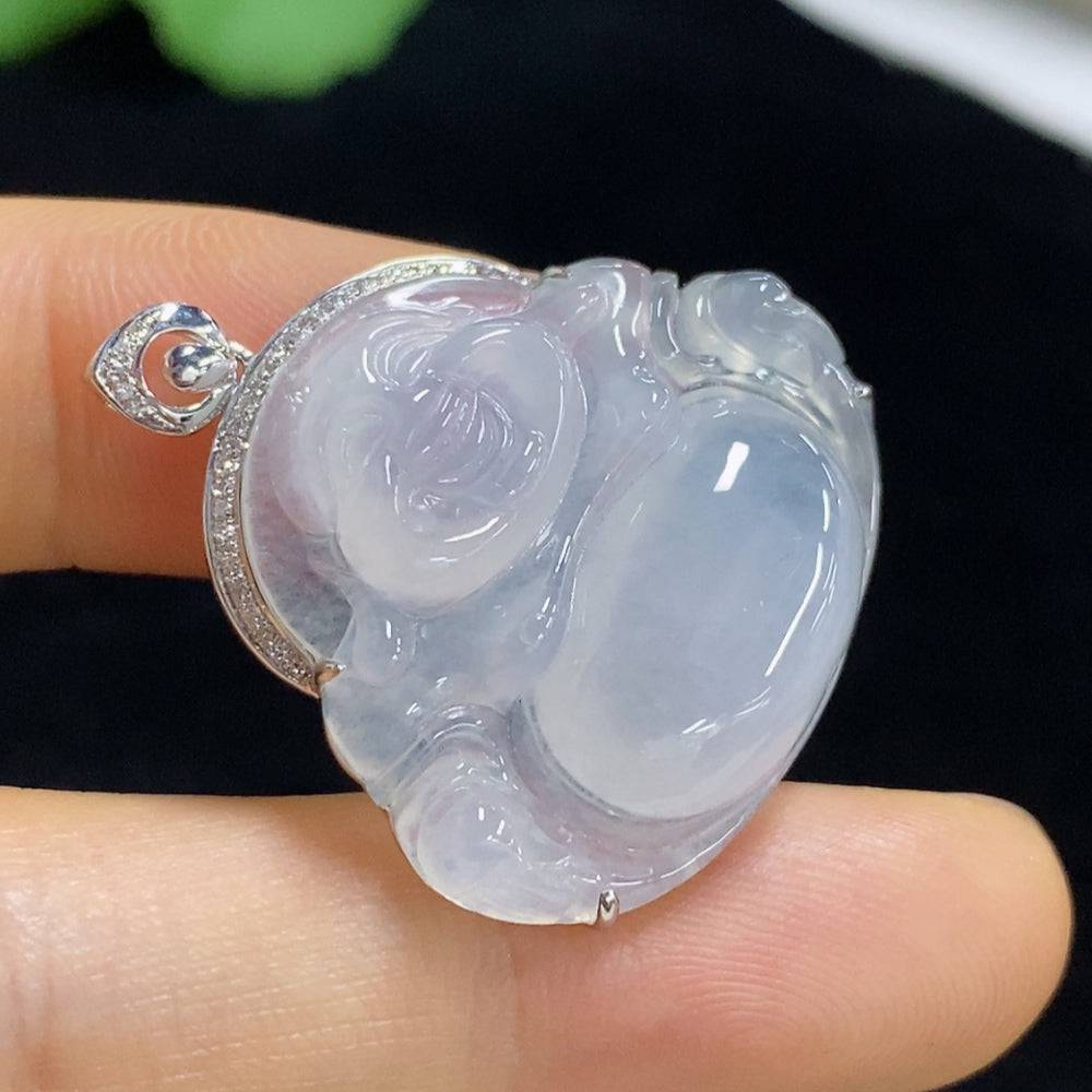 Huiliu Jadeite Buddha pendant with bezel setting and diamond accents, crafted from polished green jade for elegant jewelry.