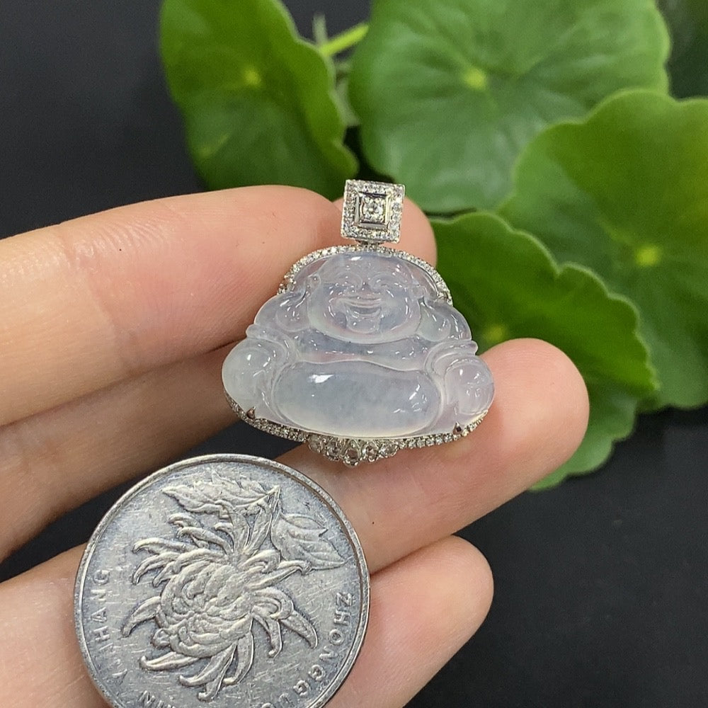 Jadeite Buddha Pendant Set in 18K Gold with Diamond Accents, Total Weight Approximately 4.06g