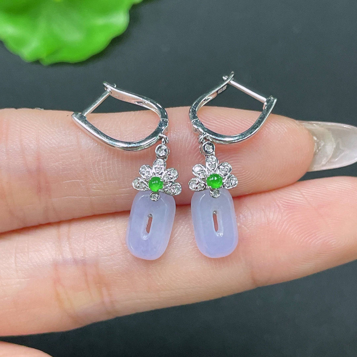 Huiliu Jadeite earrings with diamond accents, tested and certified, showcasing elegant jade jewelry with sparkling diamond details.