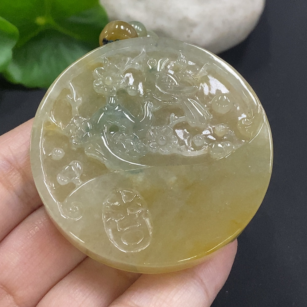 Huiliu Jadeite Flower of Wealth and Honor pendant with chain, featuring intricate floral design and smooth jadeite surface.