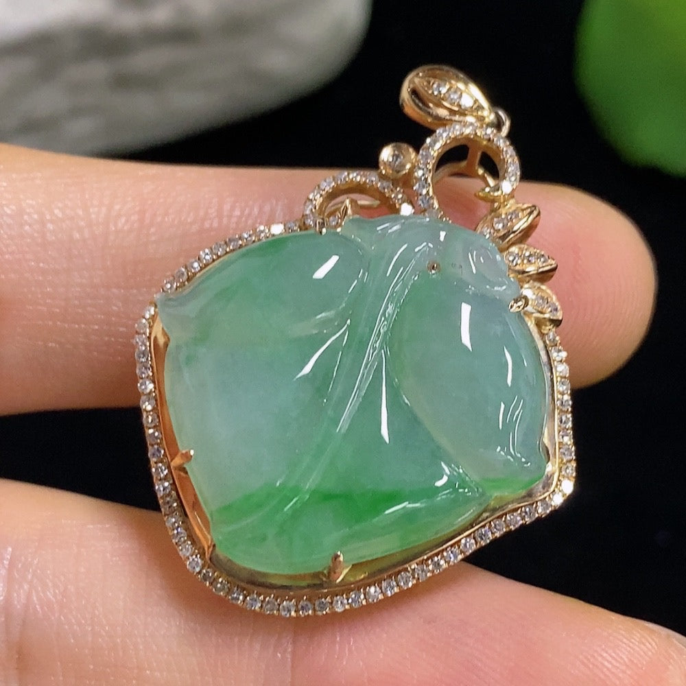 Jadeite Leaf Pendant with 18K Gold and Diamond Accents