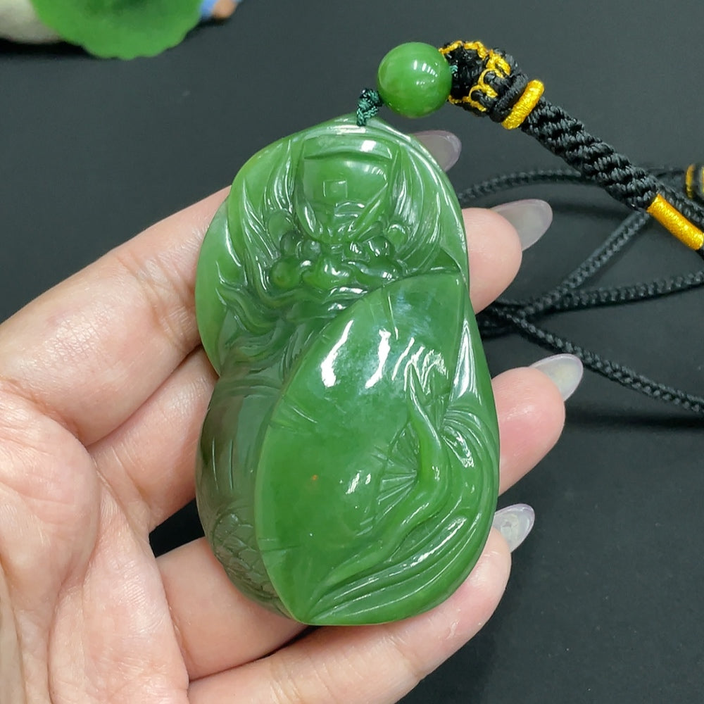 Huiliu HQ Hetian Jade Jasper Pendant featuring Zhong Kui design, certified jade jewelry with intricate craftsmanship.