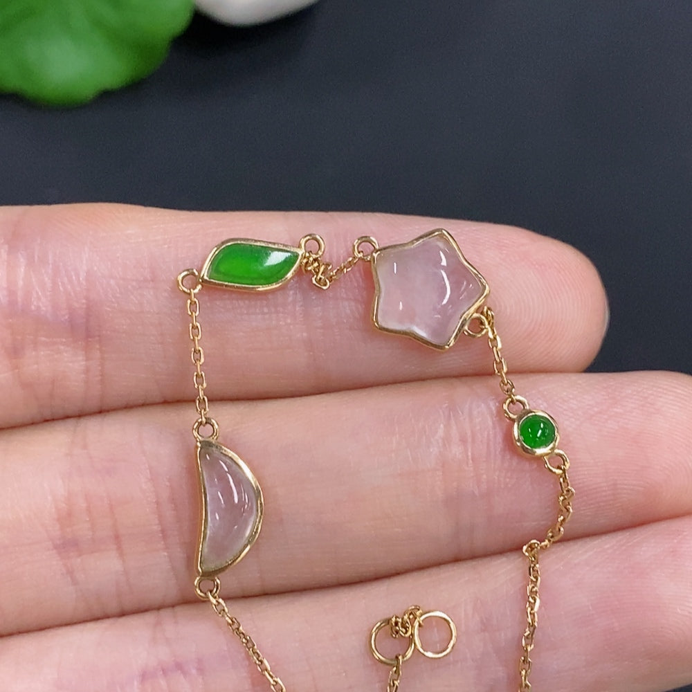 HKHQ jadeite inlaid bracelet with 18k gold and green non-A grade stones, showcasing intricate jade design and craftsmanship.