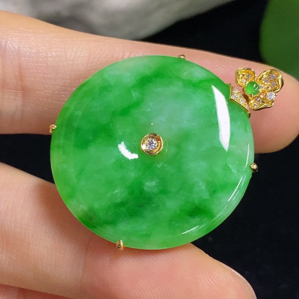 Jadeite safety buckle pendant necklace by HKHQ featuring an 18K gold clasp, non-diamond, elegant and polished gemstone jewelry.
