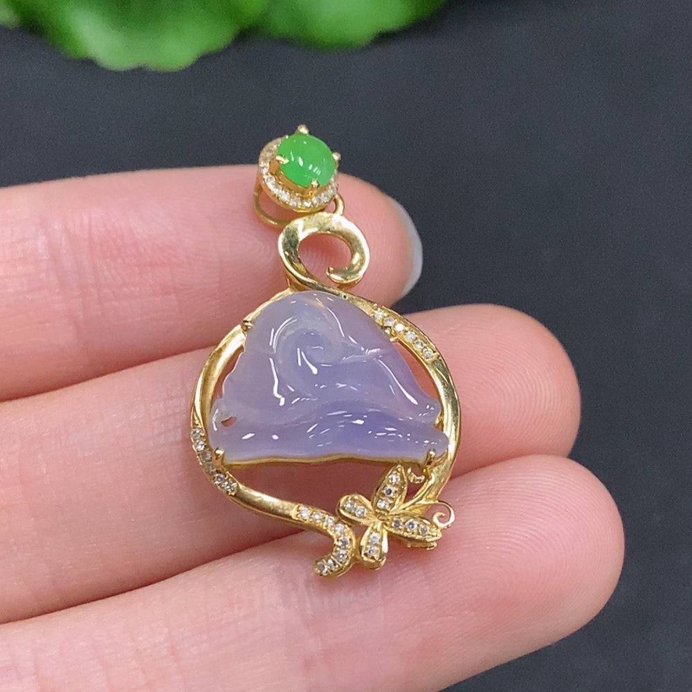 Jadeite freeform inlaid pendant with 18k gold and diamond accents, crafted by HUILIU HQ, showcasing a polished jade gemstone.