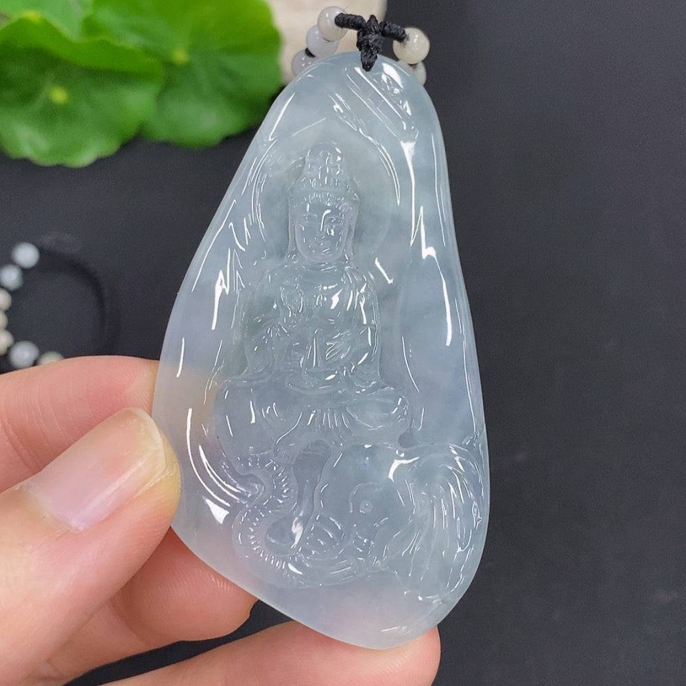 Jadeite Samantabhadra Bodhisattva pendant with intricate carvings, gemstone jewelry from HUILIU HQ, displayed against a neutral background.