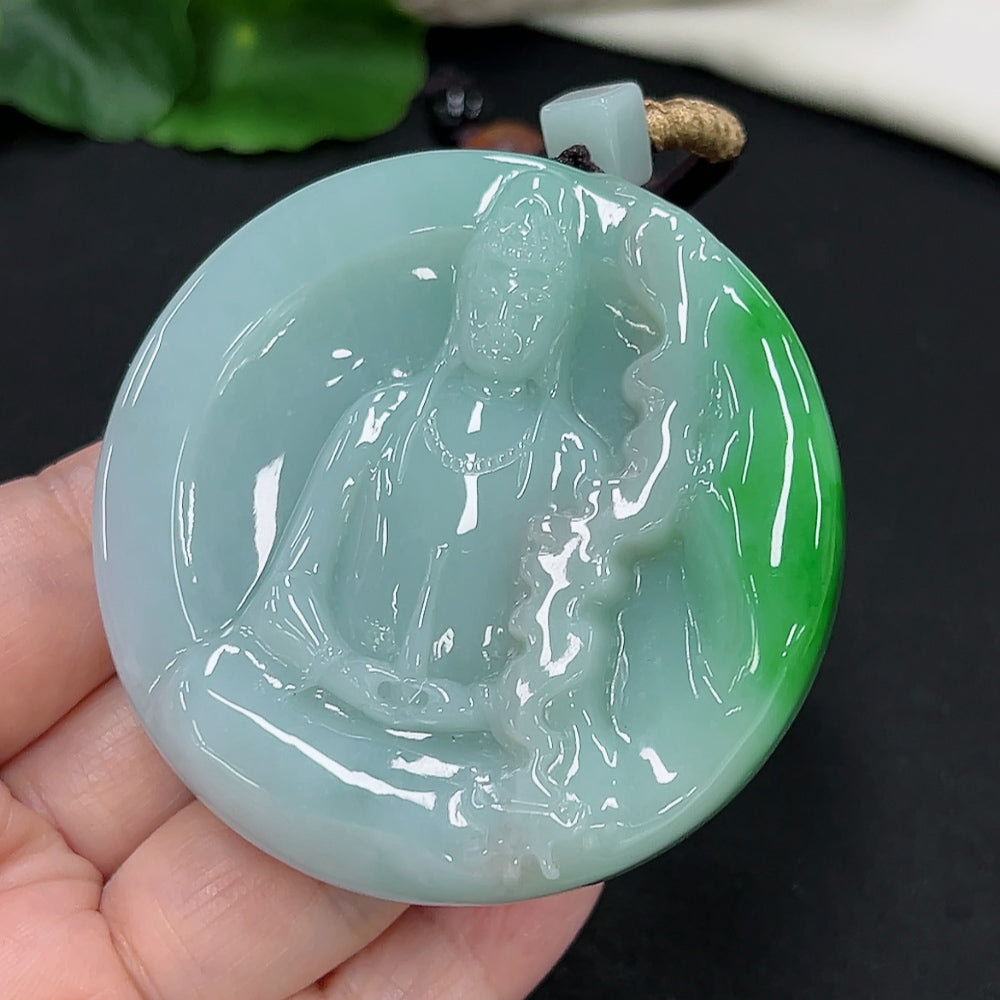 Jadeite Guanyin pendant with detailed carving, weighing approximately 101g including rope, crafted by HKHQ.