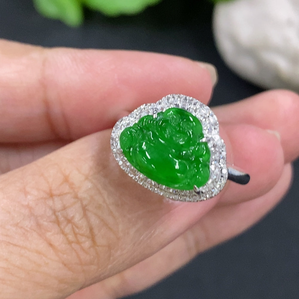 Jadeite Buddha inlaid ring with 18k gold and diamonds, size 14, featuring detailed Buddha design, weight 2.3g.