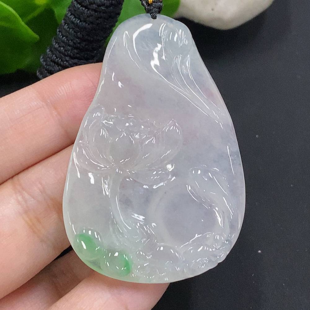 Huiliu Jadeite Flower of Wealth and Honor pendant with rope, showcasing intricate jade craftsmanship and vibrant green color.