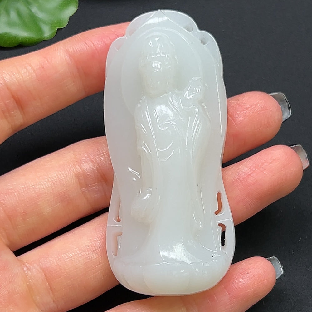 Hetian jade Guanyin pendant necklace featuring a detailed carved figure, crafted by HKHQ.