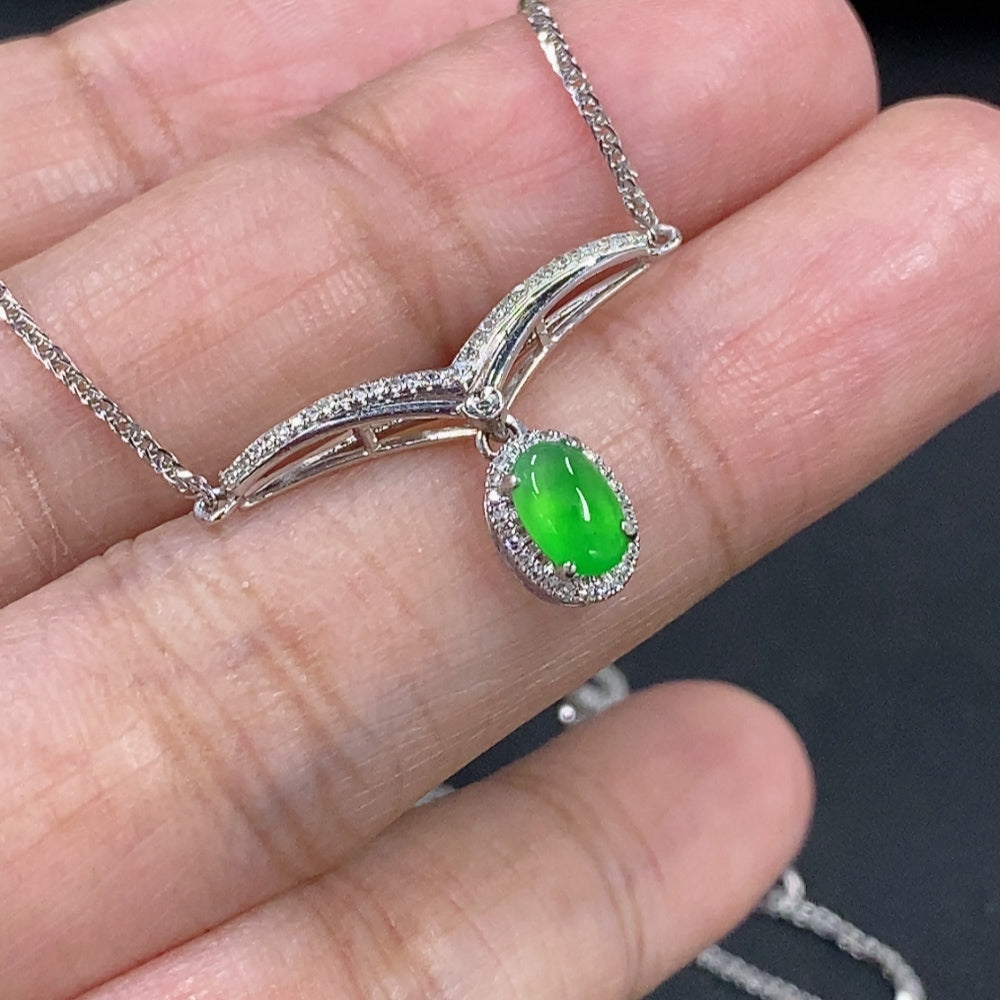 Jadeite Cabochon Pendant Necklace with 18K Gold and Diamond Accents