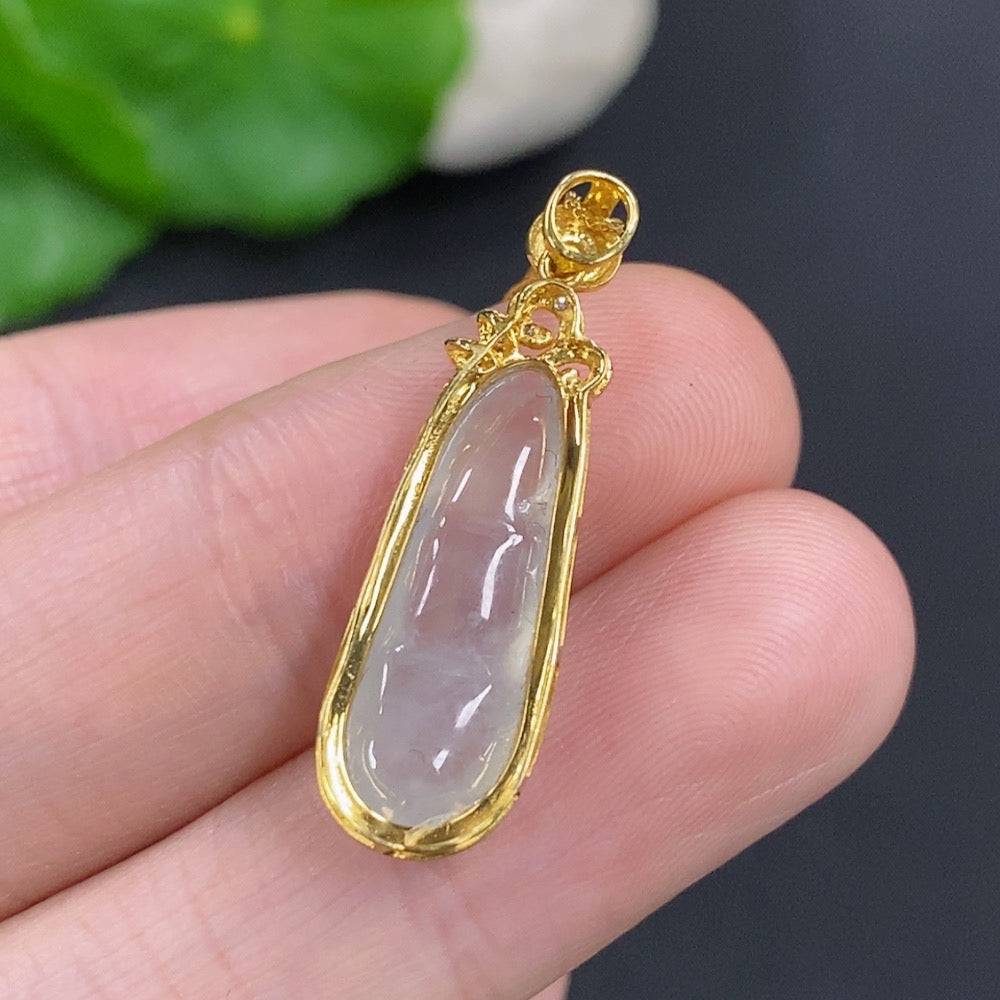 Huiliu Jadeite auspicious bean pendant set with diamond accents on chain, showcasing smooth jade surface and fine craftsmanship.