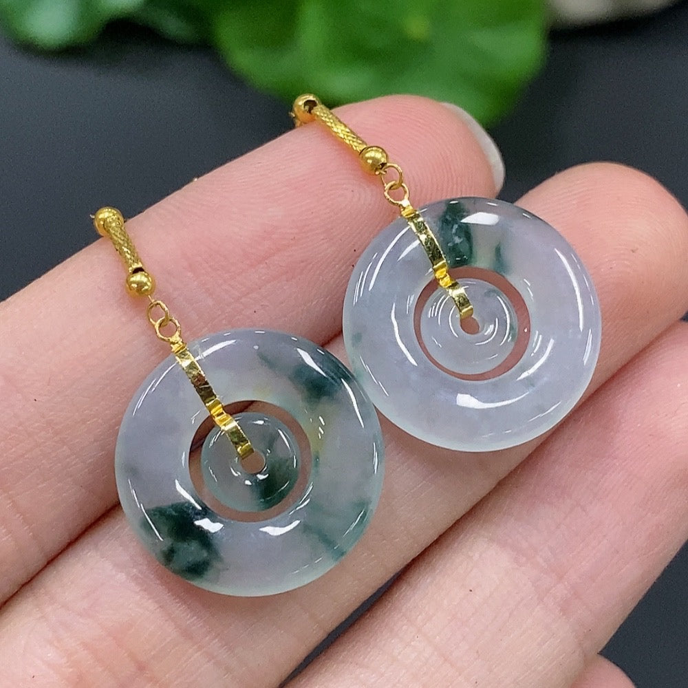 Jadeite Mother-and-Son Button Inlaid Earrings 18k Gold Total Weight 3.3g