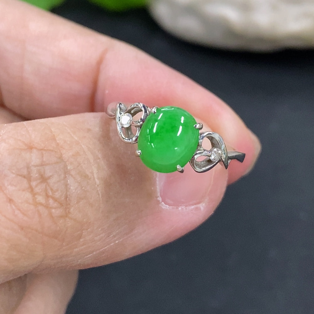Jadeite cabochon ring with 18k gold setting, size 11.5, featuring a smooth green jade stone, HKHQ jewelry, weight approximately 2.17g