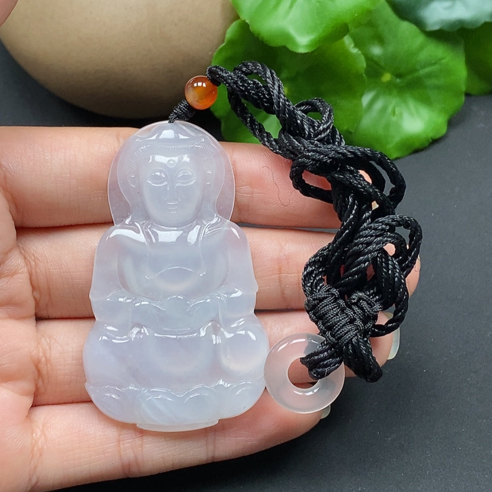 Jadeite pendant featuring Guanyin figure, weighs approximately 20.56g, on a necklace chain, crafted by HKHQ.