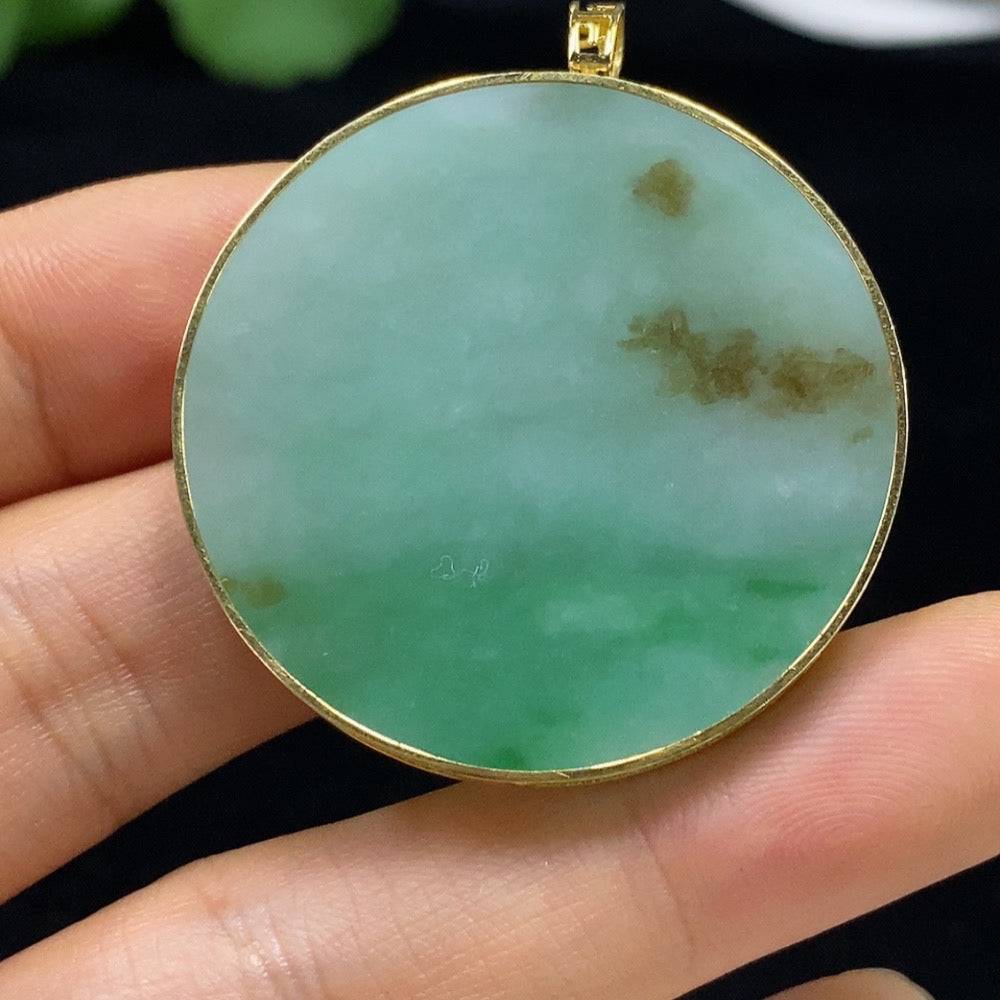Huiliu Jadeite plain pendant with mineral components, showcasing smooth green jade surface and natural mineral inclusions.