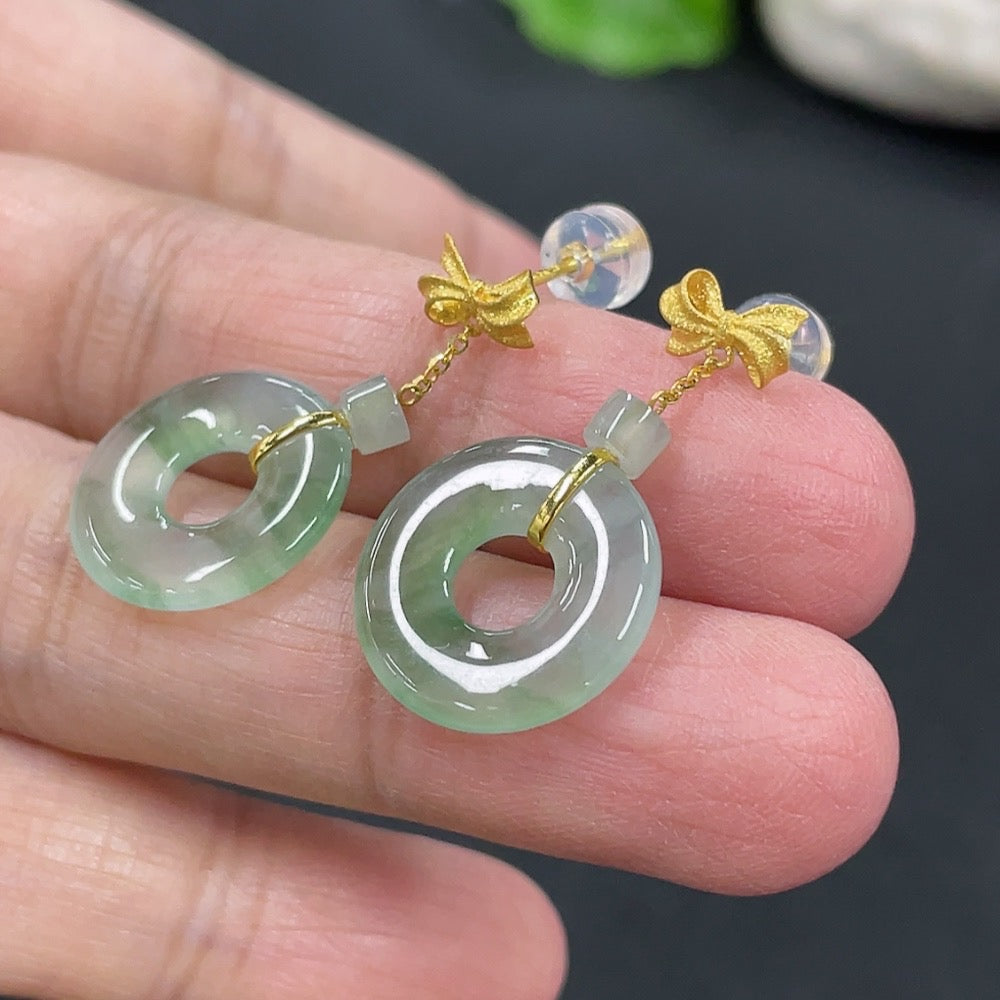 Jadeite donut inlaid earrings pair 18k gold inlaid total weight approx. 2.76g (excluding ear stoppers)