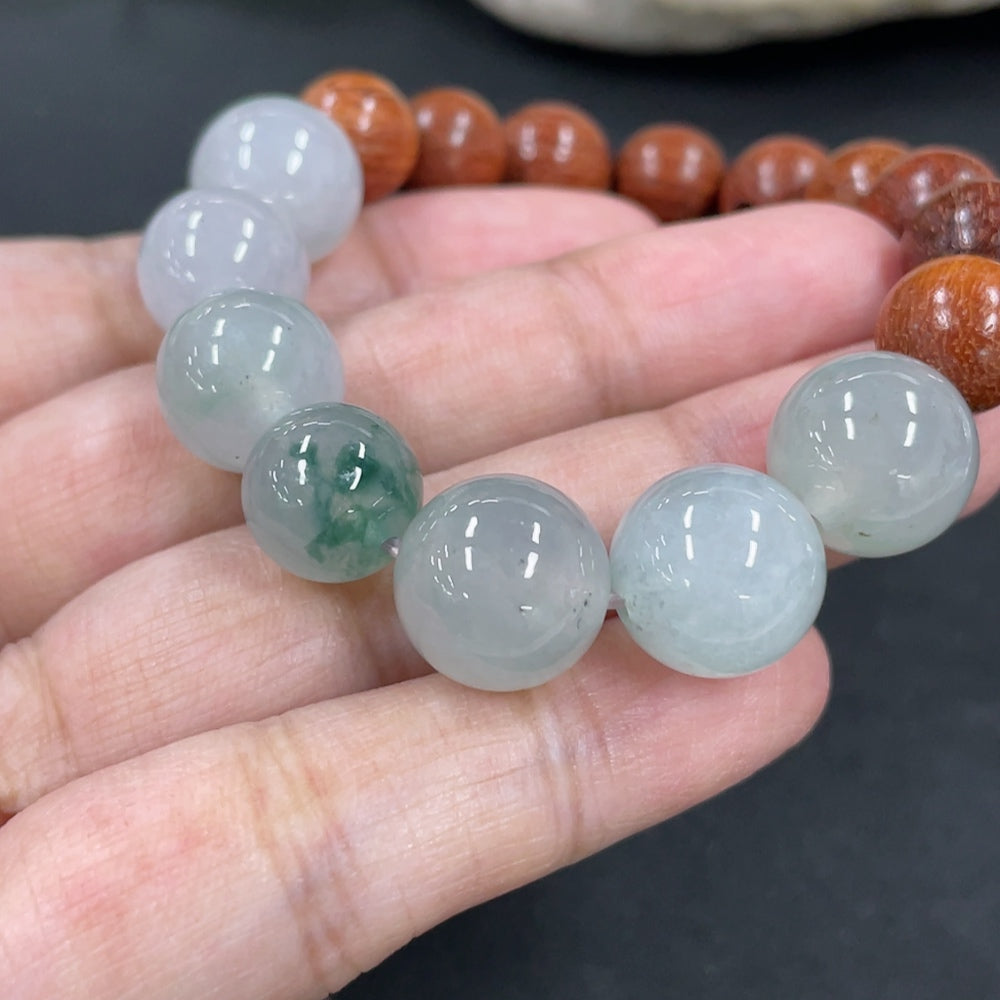 Jadeite and wood bead bracelet with 12.2mm jade beads, weight 23.8g, featuring natural green jade and wooden accents.