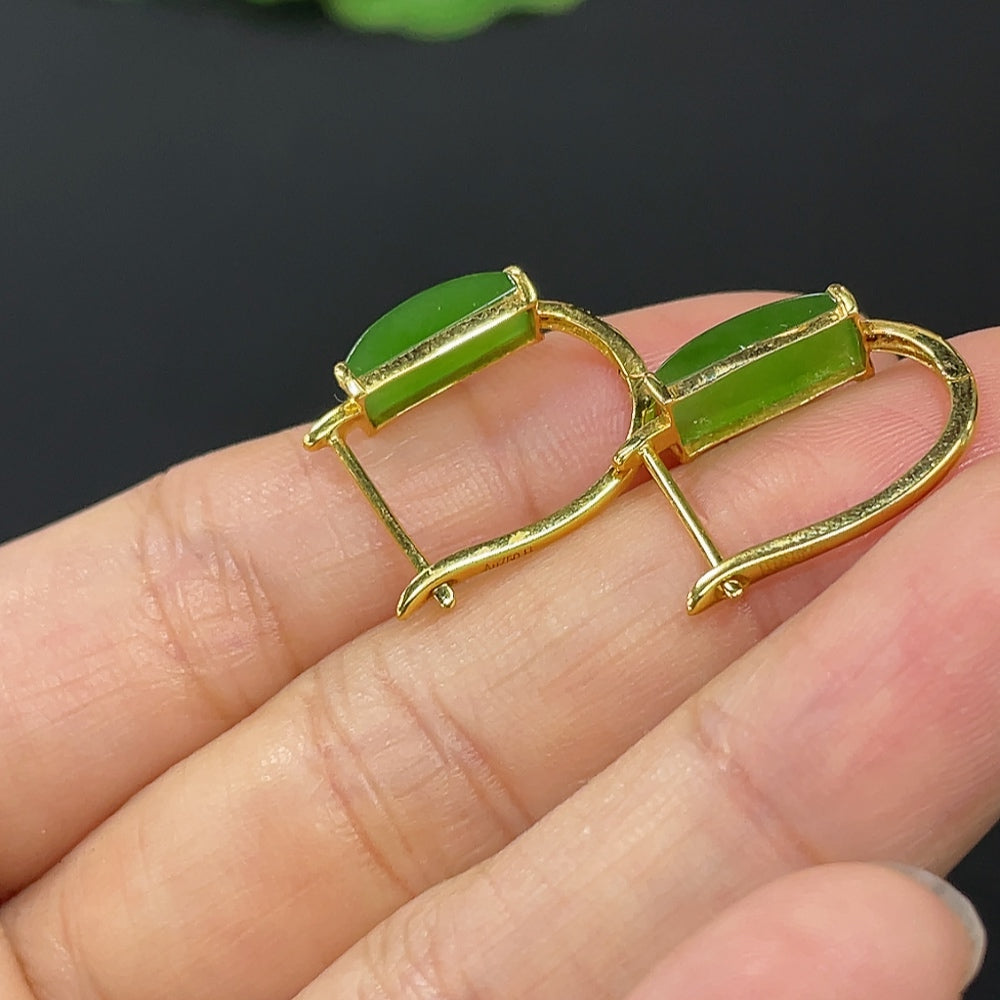 Hetian Jade Jasper Inlaid Earrings, 18K Gold, Accented with Diamonds