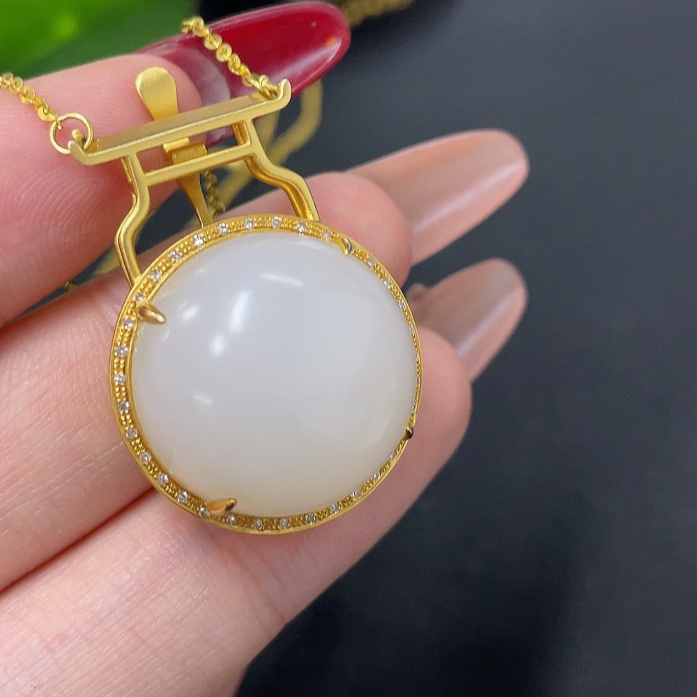 Hetian Jade Pendant with 18K Gold and Diamond Accents, Total Weight Approx. 10.5g (Including Chain)