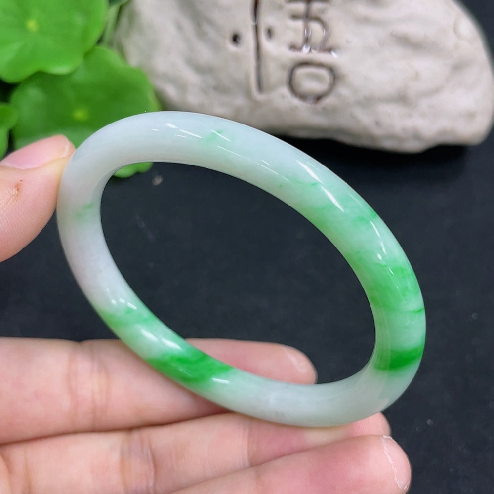HKHQ jadeite oval bangle in size 54.2, weighs 25.8g, featuring smooth, polished jadeite with a glossy finish.