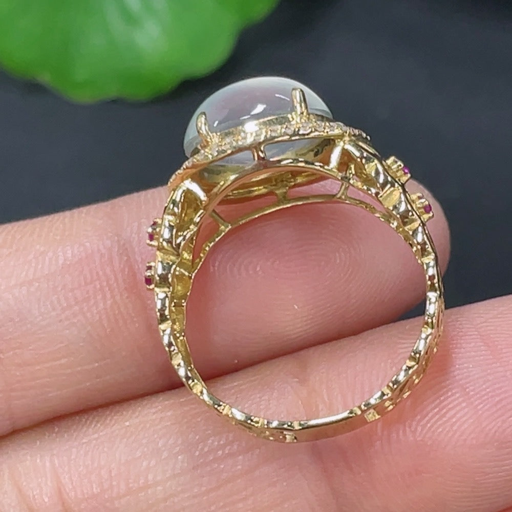 Huiliu Jadeite ring with inlaid diamonds, featuring a polished jade band and sparkling colorless diamonds, elegant and luxurious.