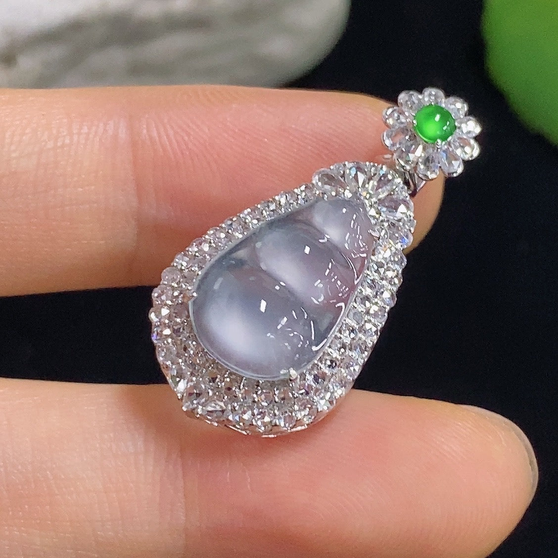 Jadeite Fudu Bean Inlaid Pendant 18k with Diamond Accents Total Weight Approximately 3.47g