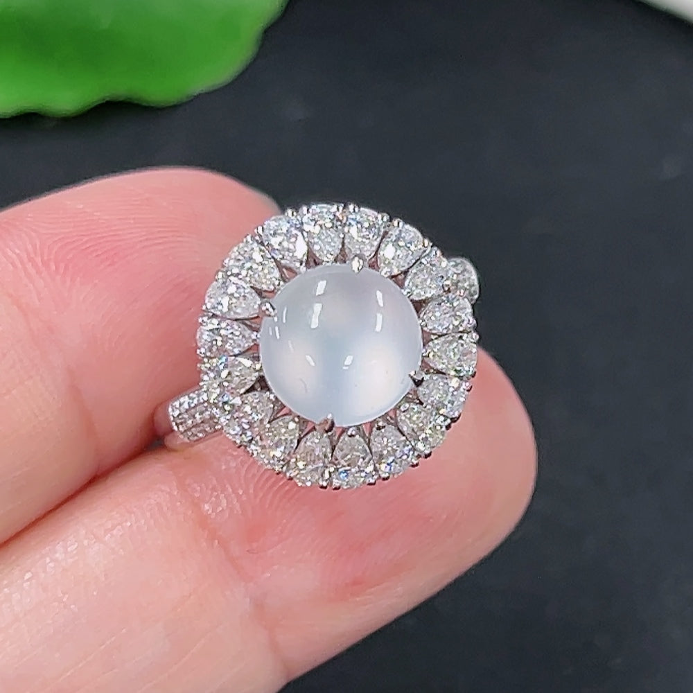 Jadeite inlaid ring with diamond accents, size 13, 18K gold, from HKHQ, featuring intricate jade and gold craftsmanship.