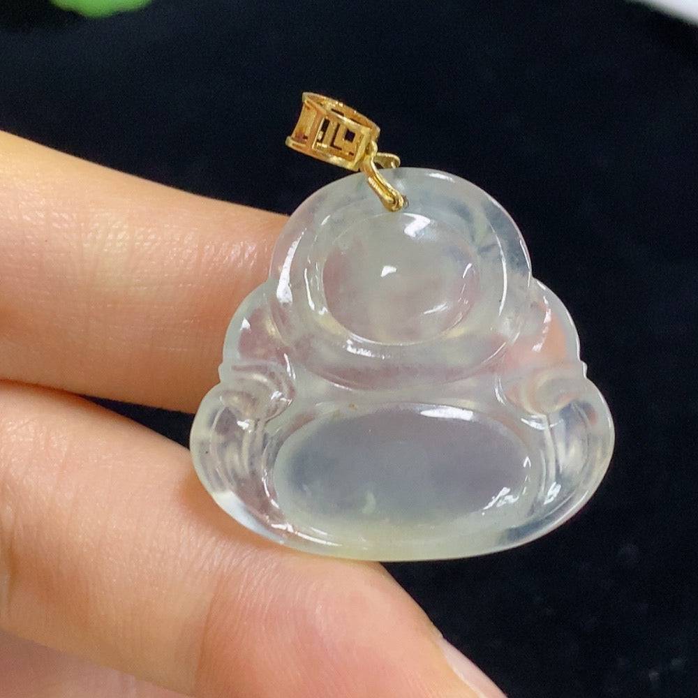 Huiliu certified Jadeite Buddha pendant featuring a detailed carved Buddha figure on polished jade, ideal for jewelry or spiritual wear.