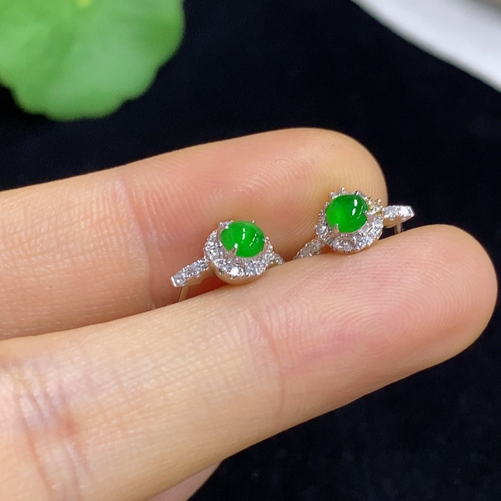 Jadeite Cabochon Stud Ear Clips 18k with Diamond Accents Total Weight Approx. 2.54g
