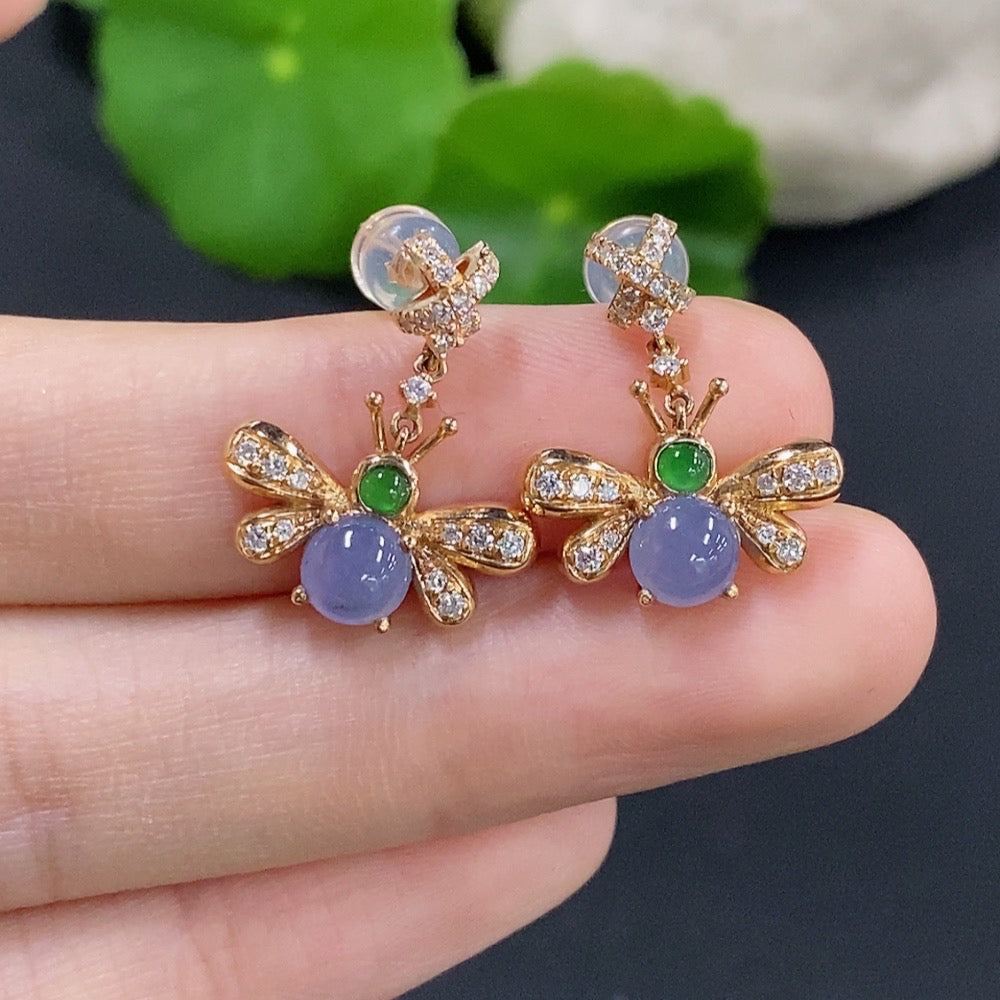 Jadeite cabochon earrings with 18K gold and diamond accents, featuring elegant dangle design by HKHQ.